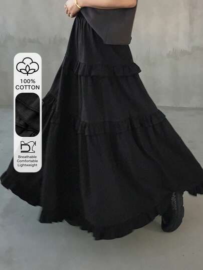 FRIFUL 100% Cotton Solid Color Elastic Waist Pleated Ruffle Hem Skirt, Loose Casual Versatile Long Skirt