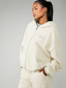 MISSGUIDED Rhinestone Logo Zip Through Hooded Sweatshirt With Drawstring Hood And Centre Pockets For Casual Winter Streetwear - Cream - View 6