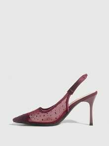 CUCCOO SZL 女士时尚尖头水晶/水钻缎面派对/晚宴高跟一脚蹬鞋 - 酒紅色 - 查看 4