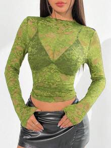 EgrlEra Women's Lace Elastic Peony Floral Sheer Sexy Blouse (Random Cut) - Lime Green - View 1