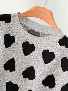 CosyJoli 大码女式爱心图案圆领休闲针织毛衣，秋冬女式套头衫，可爱女式上衣，印花毛衣上衣 - 灰色 - 查看 4