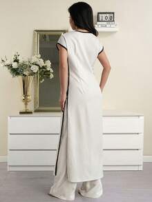 Modelyn 女士夏季时尚通勤撞色滚边垂褶前开衩下摆超长上衣和阔腿裤两件套 - 卡其色 - 查看 8