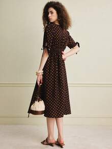Écloséra Women's Elegant Dress, Commuting Dress, French Dress, Elegant Dress, Polka Dot Dress, Contrasting Dress, Spring And Summer Dress, Waisted Dress, A Swing Dress, Medium And Long Dress - Brown - View 3