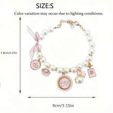1pc Bowknot Pet Collar With Bell, Cute Pearl Decorated Pet Necklace - Pink - View 4