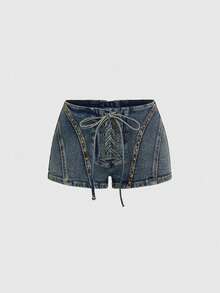 ROMWE Grunge Punk Y2K Ultra Low Waist Sexy Rhinestone Rivet Crop Denim Shorts - Blue - View 1