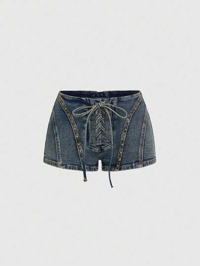 ROMWE Grunge Punk Y2K Ultra Low Waist Sexy Rhinestone Rivet Crop Denim Shorts
