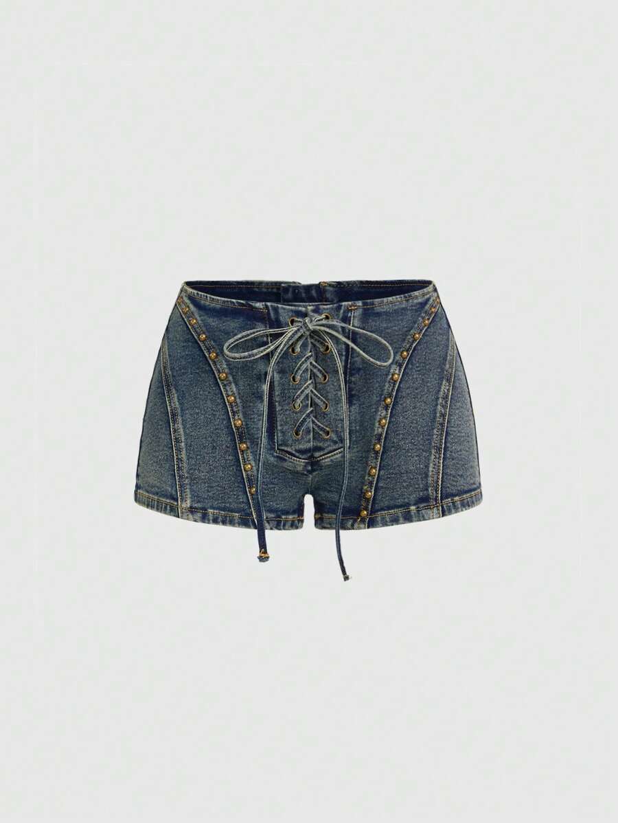 ROMWE Grunge Punk Y2K Ultra Low Waist Sexy Rhinestone Rivet Crop Denim Shorts - Blue - View 1