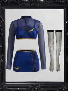 Fantasy Costume Bộ đồng phục 6 món dành cho nữ: Đầm ôm sát tay dài bằng vải lưới bóng, thắt dây và tất lưới. - Màu xanh hải quân - Xem 6