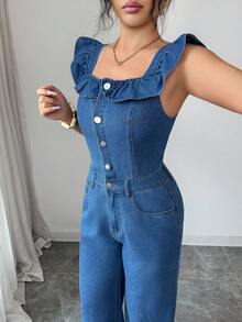 Elenzga 女士荷叶边领拼接牛仔连体裤，半开襟纽扣设计，喇叭袖 - 藍色 - 查看 3