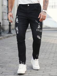 Manfinity Homme 男士口袋做旧修身休闲牛仔裤 - 黑色 - 查看 6