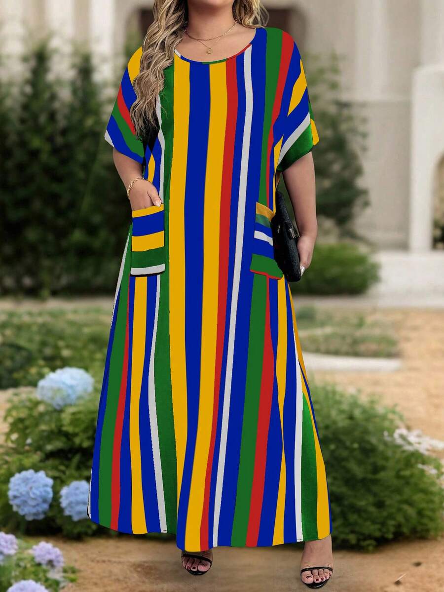 EMERY ROSE Plus Size Women Casual Striped Round Neck Pocket 3/4 Sleeve Dress, Suitable For Vacation - Multicolor - View 1