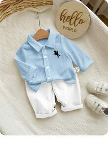 Newborn Baby Boy Casual Cute Versatile White Long Sleeve Shirt And Pants Set - Multicolor - View 7