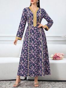 Al Najma Women's Elegant Floral Print V-Neck Long Sleeve Arabic Style Dress With Ribbon Trim - Navy Blue - View 5