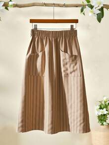 Rusticease 女士休闲日常/通勤条纹印花弹力腰拼接口袋A字裙，夏季 - 彩色 - 查看 3