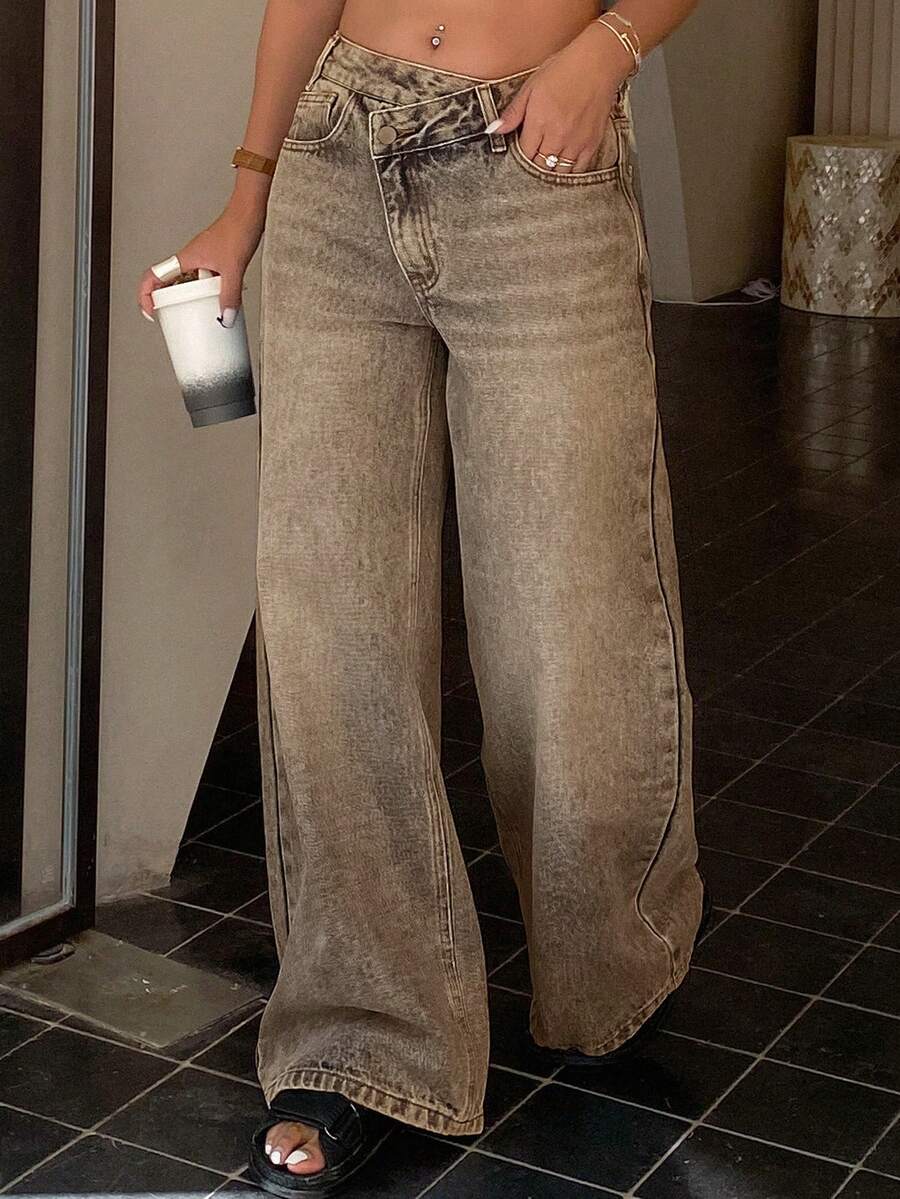 Jeans de pierna recta con diseño de cintura baja para mujer - Marrón - Ver 1