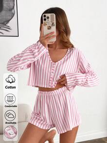 SHEIN Set da casa e tempo libero da donna in cotone, composto da 2 pezzi: top a maniche lunghe con scollo a V e bottoni, a righe rosa e bianche, e pantaloncini coordinati - Rosa - Visualizzare 3