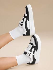 CUCCOO EASI Women's Spring/ Summer Versatile Thick Sole Lace-Up Front White Casual Sneakers, Student/Sport Shoes Spring Summer Shoe Trainers - Black and White - View 4