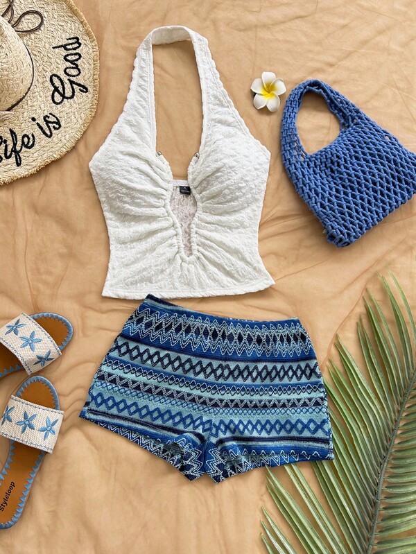 Soleia 2pcs/Set Textured Knit Halter Top With Metal Decor + Low Waist Pants, Bohemian, Boho, Romantic Floral, Vacation, Floral Style For Party, Date, Valentine's Day, Easter, Carnival, Afternoon Tea, Beach, Cruise, City Vacation