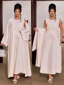 Maweii Blush Pink, Summer, Elegant, Formal, Wedding Ninang Loose Batwing Sleeve Cardigan & Sparkling Chain Decor Cinched Waist Maxi Dress Set, Plus Size High-Quality - Pink - View 1