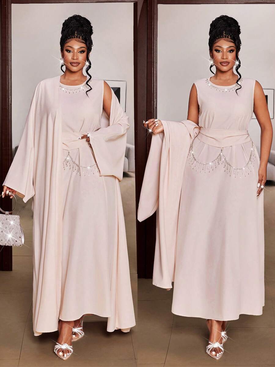 Maweii Blush Pink, Summer, Elegant, Formal, Wedding Ninang Loose Batwing Sleeve Cardigan & Sparkling Chain Decor Cinched Waist Maxi Dress Set, Plus Size High-Quality - Pink - View 1