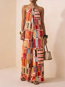 Zivah 2026春夏新款音乐节、复活节、母亲节、婚礼季、婚礼宾客、生日派对、日常休闲穿着、百搭基础款、休闲、邮轮旅行、海滩、日光浴、爆款、街头风、优雅、休闲、露背吊带、性感露背、扭结超宽松阔腿裤、多色格子复古印花女士连体裤 - 彩色 - 查看 9