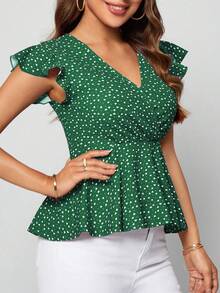 SHEIN Clasi Camiseta con estampado de corazón y mangas de mariposa con volante - Verde Oscuro - Ver 1