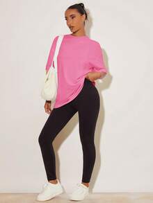 SHEIN BASICS 女士纯色简约短袖T恤，休闲日常穿着 - 玫紅色 - 查看 6