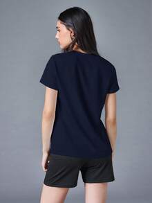 SHEIN BASICS 夏季运动纯色圆领短袖T恤 - 藏蓝色 - 查看 3