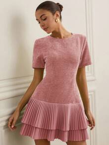 Aveloria Rosie Đầm ngắn dáng suông cổ tròn, thiết kế xếp ly, ôm eo, kiểu Pháp thanh lịch, có đường viền ghép vải, giúp tôn dáng. - Hồng - Xem 1