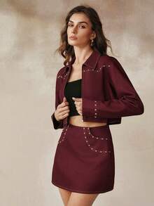 Anewsta Women's Jacket Coat, Retro Chic Luxury Elegant Heavy Craft Rivet Decor Contrast Trim Fitted Short Jacket For Women - Burgundy - View 3