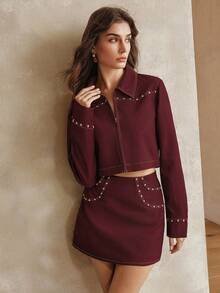 Anewsta Women's Jacket Coat, Retro Chic Luxury Elegant Heavy Craft Rivet Decor Contrast Trim Fitted Short Jacket For Women - Burgundy - View 7