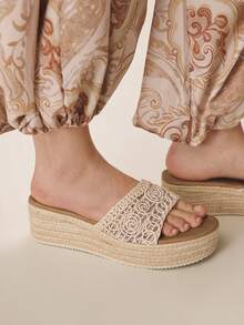 Styleloop 女士编织绳坡跟凉鞋，度假风波西米亚复古美式西部音乐节派对厚底鞋 - 杏色1 - 查看 6