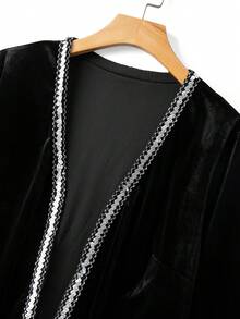 GlowEve CURVE Plus Size Women Velvet Fabric Beaded Trim Fashionable Casual Everyday Zip-Up Long Sleeve Jacket - Black - View 3