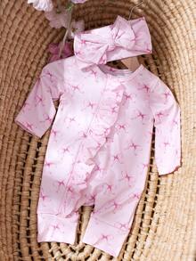 SHEIN 新生儿可爱蝴蝶结印花拉链连体衣摄影服秋冬装 - 粉色 - 查看 5