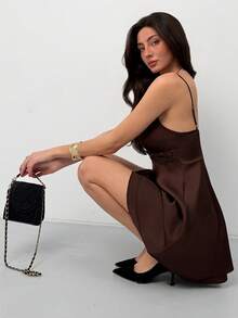 Aloruh Women's Romantic V-Neck Spaghetti Strap Double Ruffle Hem Mini Dress - Brown - View 8