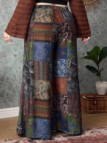 ROMWE Hippie 大码度假风拼接图案仿亚麻面料宽松A字阔腿裤 - 彩色 - 查看 7