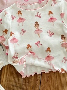 SHEIN Bộ đồ mặc nhà 4 món cho bé gái: áo thun và quần legging dệt kim họa tiết nơ dễ thương, kiểu dáng thường ngày, kèm quần legging. - Nhiều màu - Xem 4