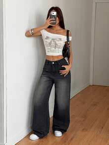 SHEIN Muchic Women's Black Low-Rise Wide-Leg Jeans With Bow Print On The Back , Y2K Casual Style, Music Festival. - Black - View 5