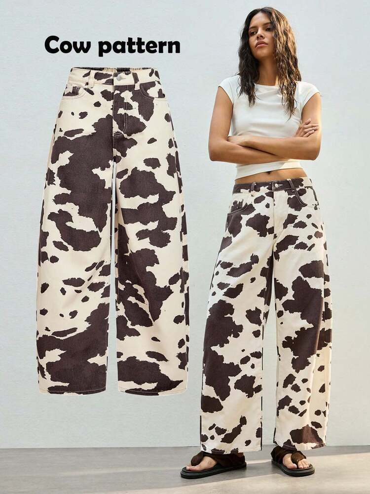 SHEIN Maija Women's Cow Print Jeans Casual Y2K Casual Women's Autumn And Winter Cowboy