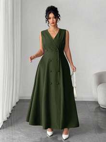 Elenzga 大码女式复古硬币设计纽扣装饰长裙，适合返校、毕业典礼、情人节、音乐节、母亲节、万圣节、感恩节、复活节、国庆节、舞会、约会派对、婚礼季、户外旅行等场合。 - 軍綠色 - 查看 5