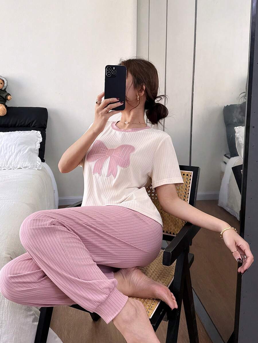 SHEIN Napfluff Women's Casual Textured Bow Embroidery Round Neck Short Sleeve Apricot Top And Pink Drawstring Pants Pajama Set, Made Of Soft Knit Fabric - Multicolor - View 1