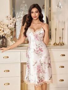 SHEIN 1pc Women's Sexy V-Neck Camisole Nightgown, Elegant Satin Floral Print Long Dress With Lace Trim, All Season - Apricot - View 4