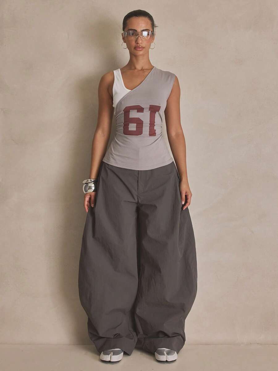 MUSERA Nylon Balloon Leg Button Hem Pleat Trousers Summer, Sporty, Casual, Day, Streetstyle, Streetwear - Dark Green - View 1