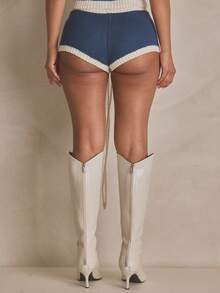 MUSERA Quần short mini dệt kim họa tiết, thắt eo, phối màu tương phản, thích hợp cho mùa hè, thể thao, thường ngày, phong cách đường phố. - Nhiều màu - Xem 5