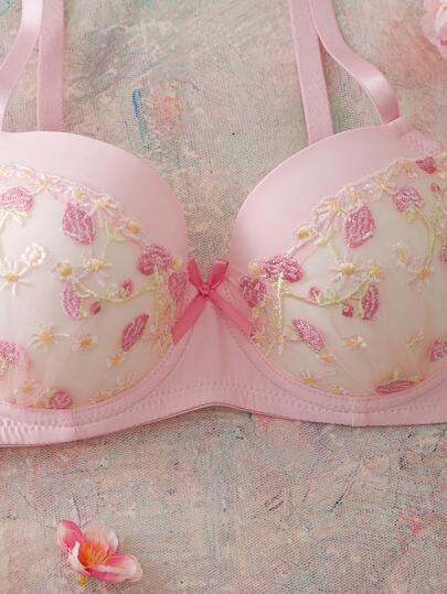 Floral Embroidery Balconette 3/4 Cup Underwire Lift Bow Ruffle Trim Ruched Hem Sweet Cute Comfortable Ladies Bra