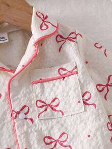 Newborn Baby Pajamas-2 Piece Pajama Set Cream And Pink Bow Print Round Neck Long Sleeve Long Pants Pajama Set Infant Sleepwear Everyday Home Sleep Play Cute Bow Pattern Minimal Soft Look All Season 2026 Holiday Essential Gift Idea Baby Girl Summer Pajama - Multicolor - View 5