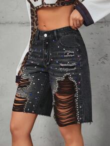 StreetHx Y2K Distressed Ripped Denim Shorts - Black - View 3