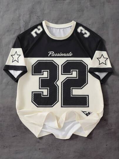 SHEIN 男童休闲篮球运动数字字母印花涂鸦圆领短袖T恤，四季皆宜