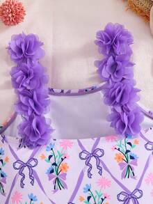 SHEIN Emery Rose Kids 少女度假蝴蝶印花3D花卉装饰时尚连体泳衣 - 紫色 - 查看 6