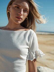 MOTF STUDIO WOMEN'S RUFFLE SLEEVE STUDDED CROPPED KNIT T-SHIRT - White - View 5